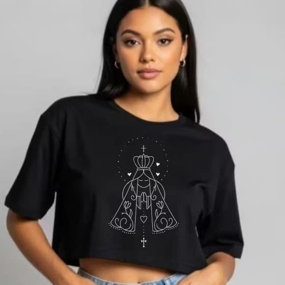 Cropped Oversized Nossa Senhora 100% Algodão Penteado Feminino Camiseta Larga Streetwear Confortável Religioso Católico
