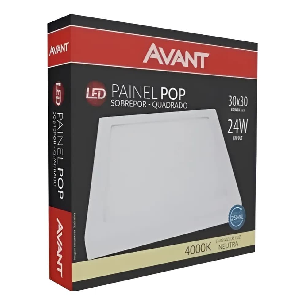 Painel LED Quadrado Sobrepor Avant 24W 4000K Luz Neutra Bivolt Plafon Slim Branco 30x30cm