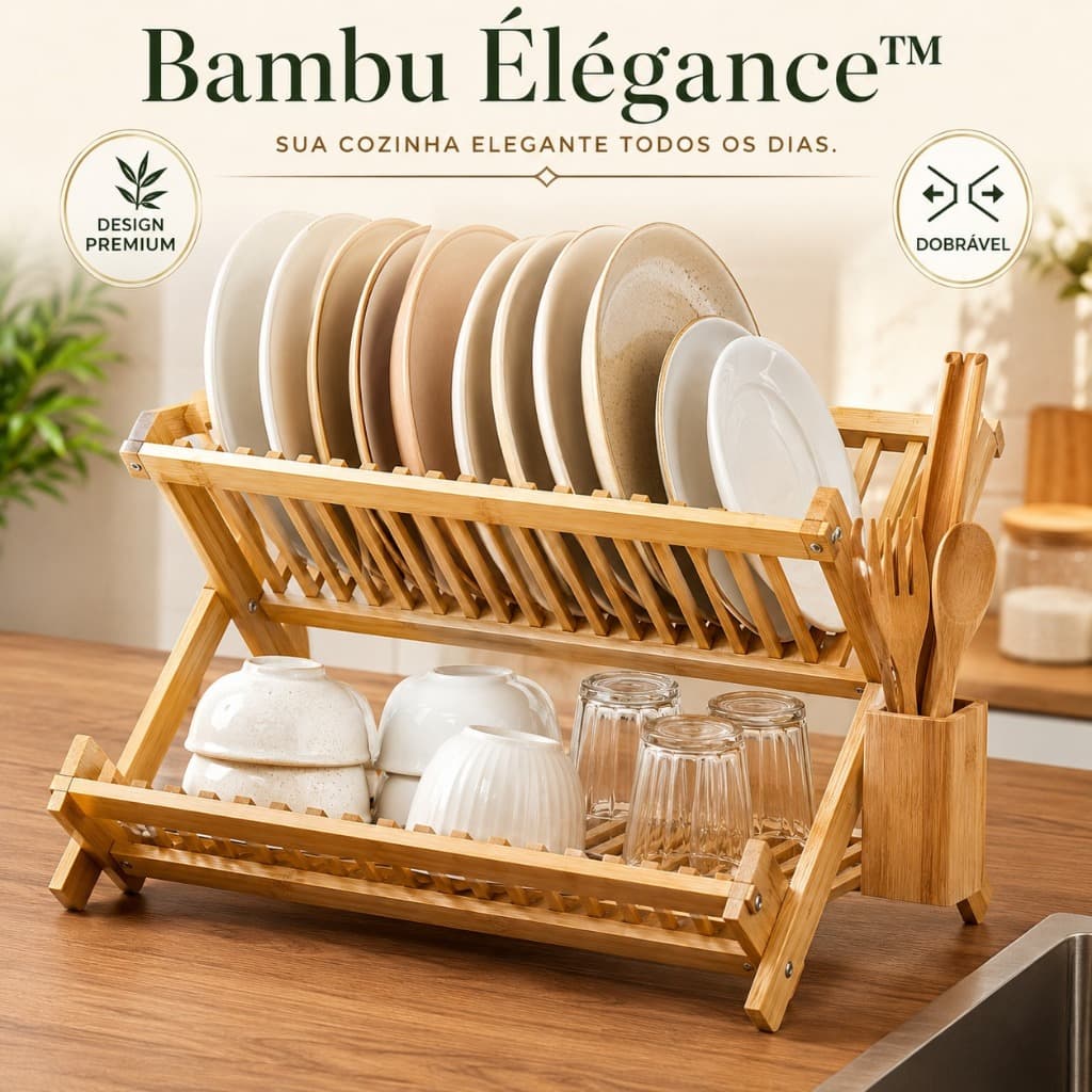 Escorredor Loucas Dobrável Bambu Organizadores Cozinha Duplo Andar Compacto