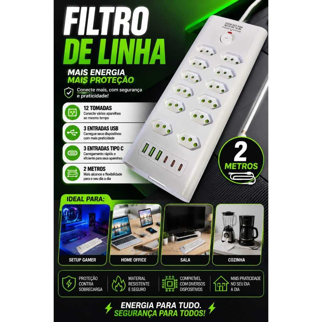 Régua, Extensão Elétrica, Filtro de linha 12 Tomadas 3 USB  3 Tipo C com Botão Liga e Desliga e entradas de 16/20A