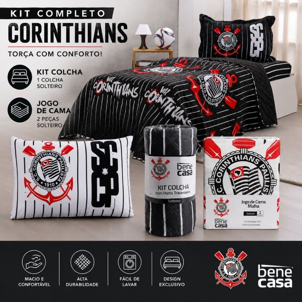 Kit Jogo de Cama + Kit Colcha/ Cobreleito SOLTEIRO Times Licenciado Corinthians - Bene Casa