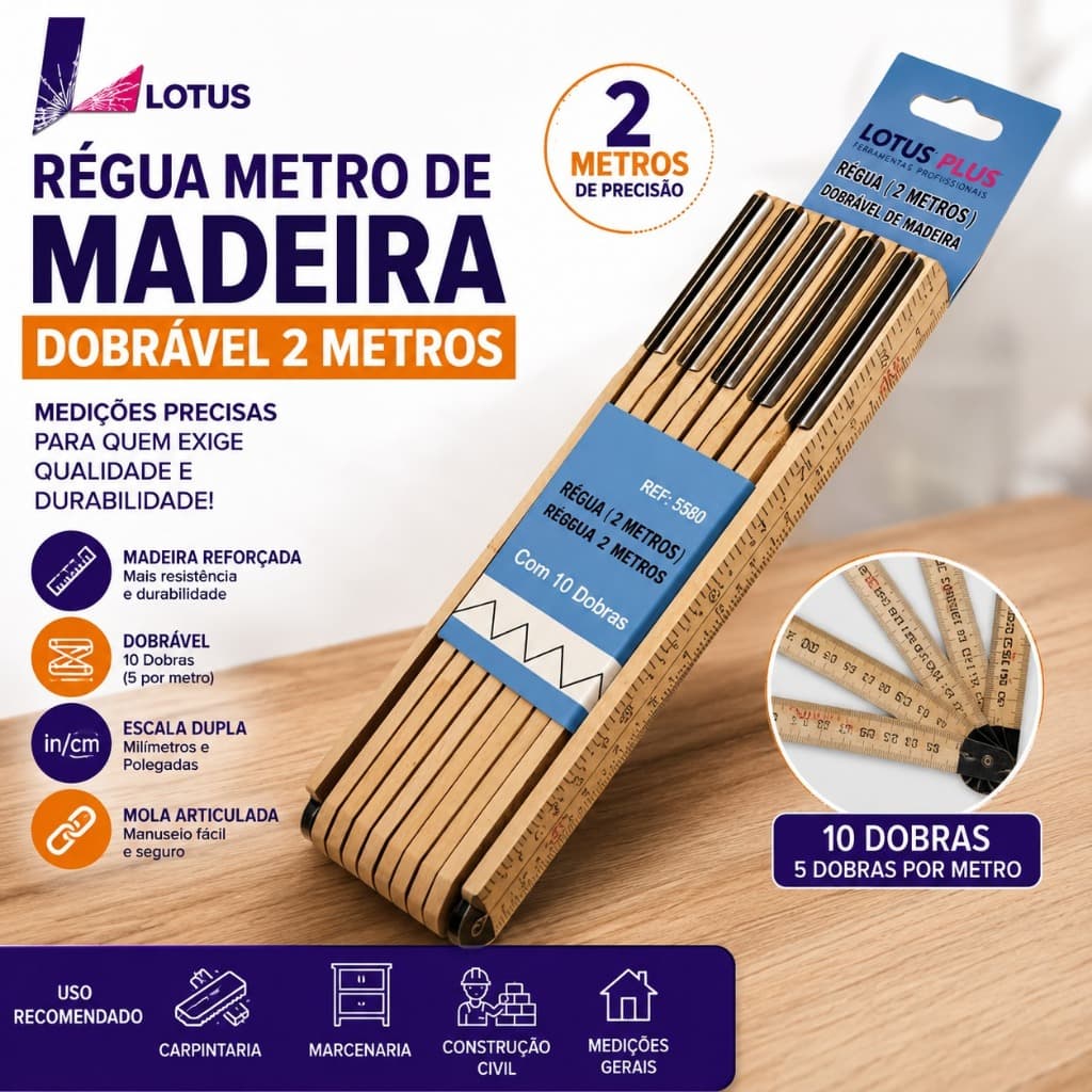 Régua de Metro em Madeira 2 Metros 5 Dobras Lotus 5580