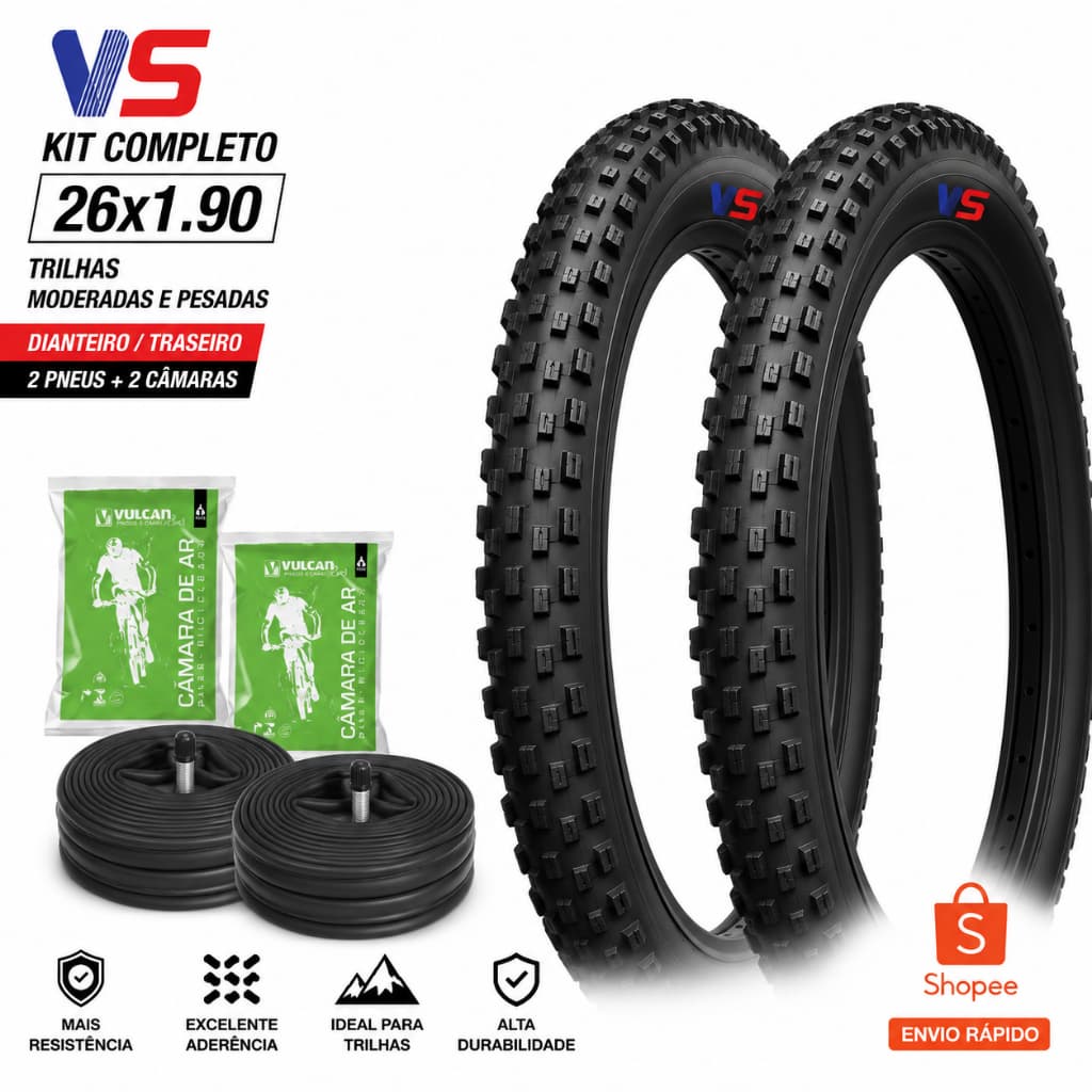 Kit 2 Pneus Bicicleta Aro 26 X 1,90 + 2 Câmaras Aro 26 Vulcanbor