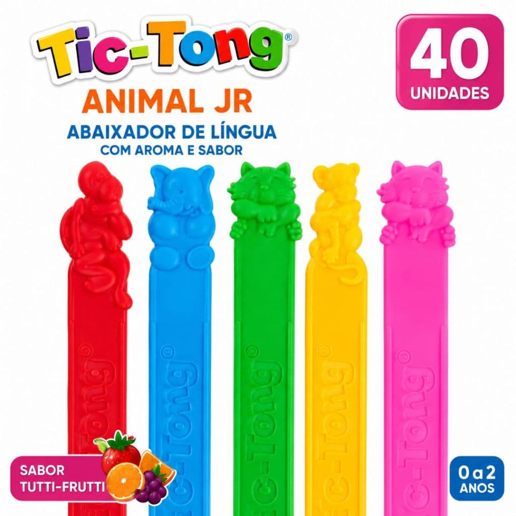 40 un Abaixador de Língua com Sabor Infantil com Aroma Tutti-Frutti Tic-Tong Animal Júnior 120mm