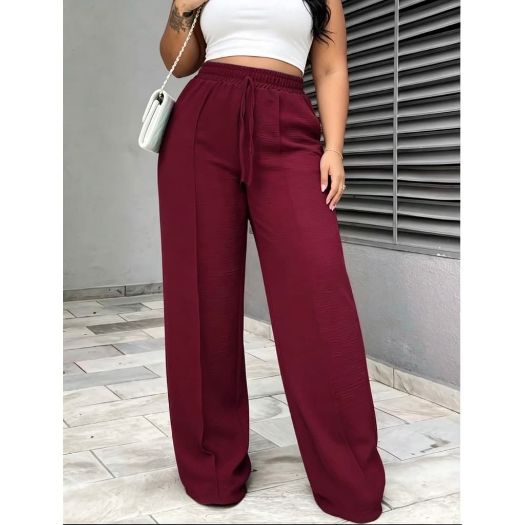 Calça Pantalona Duna Lisa Plus Size Feminina Cintura Alta Com forro