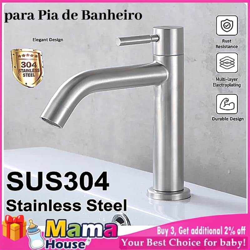 Torneira de Banheiro 18 cm Aço Inoxidável para Água Quente e Fria, Torneira de Pia de Banheiro