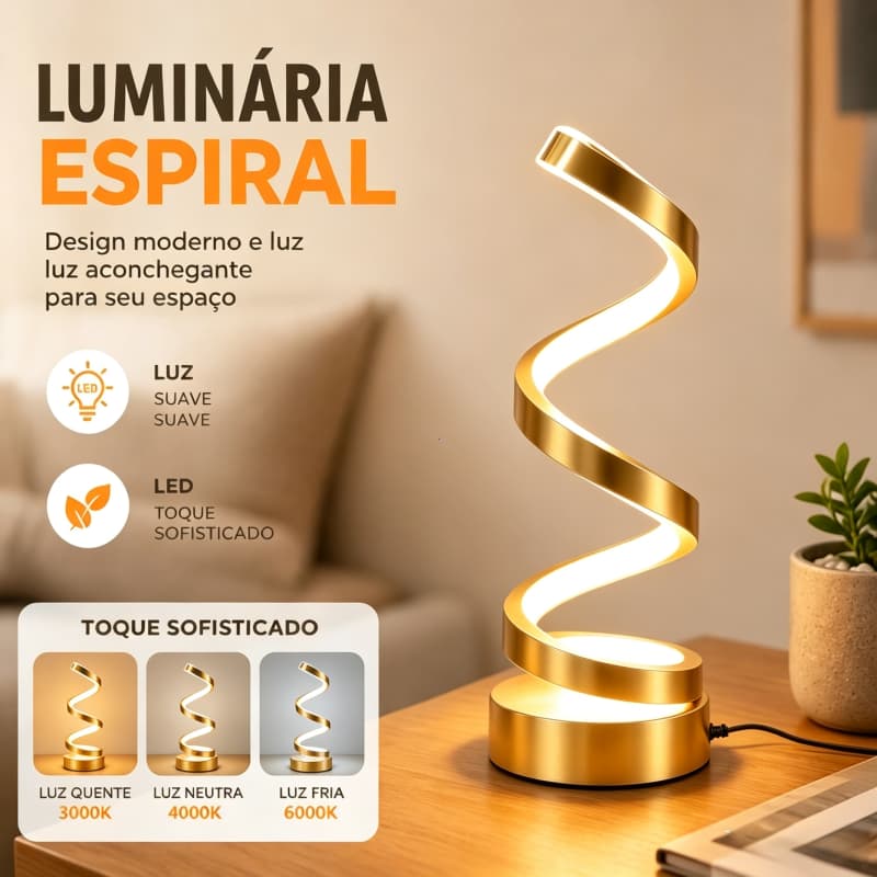 Luminária de Mesa LED Espiral Moderna - Luz Ajustável Interruptor de Pressão Bivolt Para Quarto Escritório e Mesa