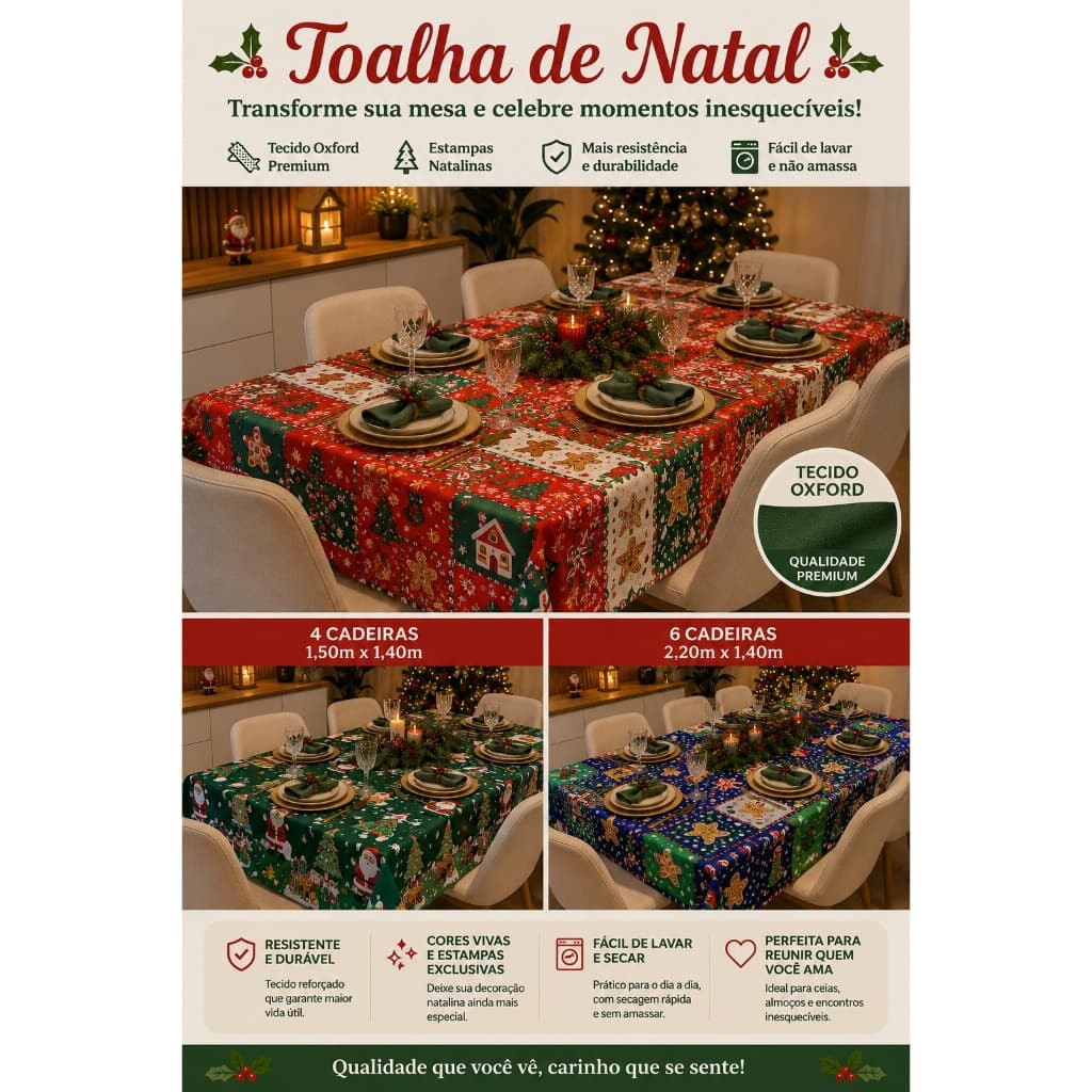 Toalha de Mesa Natalina Oxford | Toalha de Natal para Mesa 4 e 6 Cadeiras | Estampada