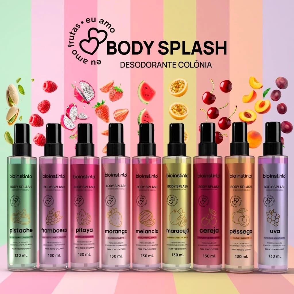 12 Body Splash FRUTAS 130ml Bio Instinto Desodorante Corporal Colônia Fragrância Irresistível