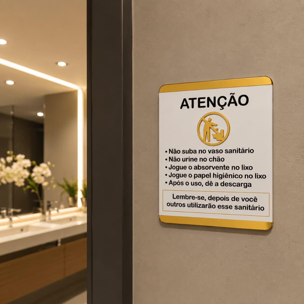 Placa Sinalização Acrílico Espelhado Decorativa Banheiro Cuidados