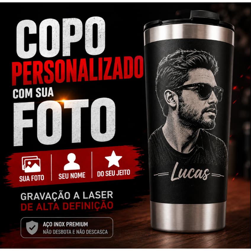Copo Termico Gravado a Laser, Térmico 473ml - Com sua Foto e nome ou Frase, Presente Premium, Exclusivo, Brinde