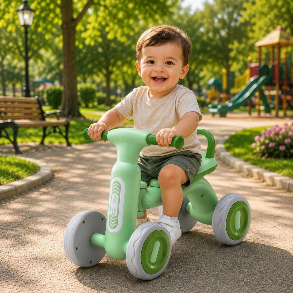 Bike Infantil sem Pedal com Luz e 4 Rodas Verde e Rosa