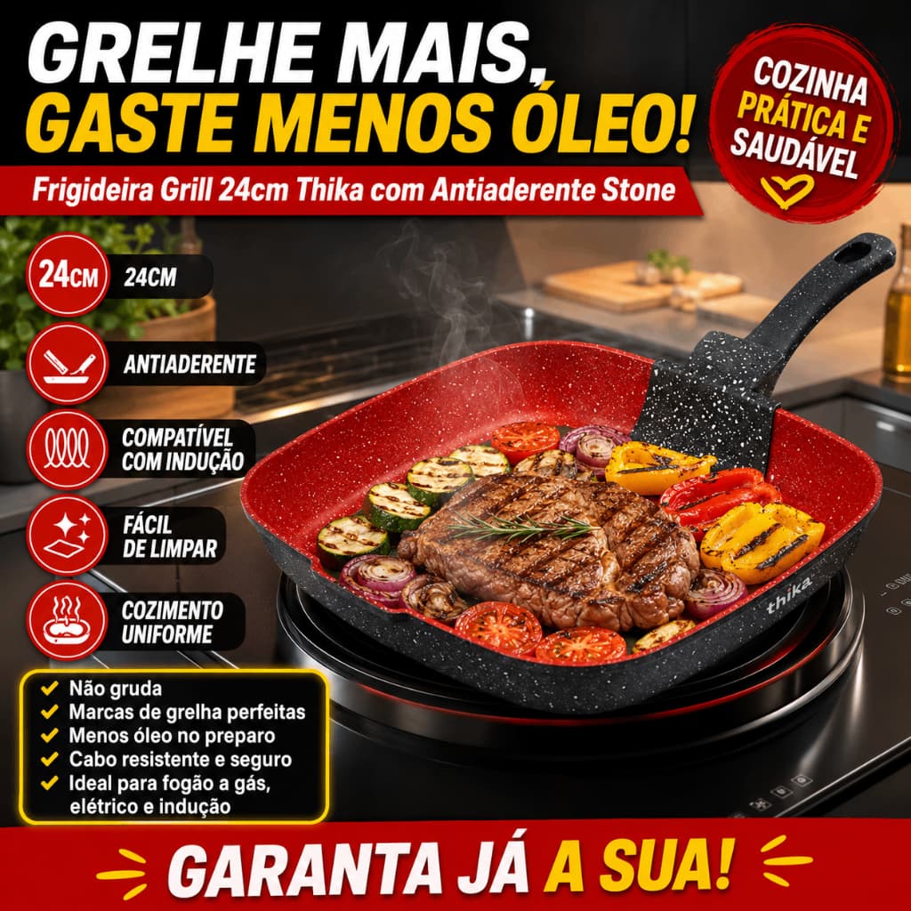 Frigideira Grill Quadrada 24cm Antiaderente Indução Cabo Resistente Design Stone Cozinha Prática