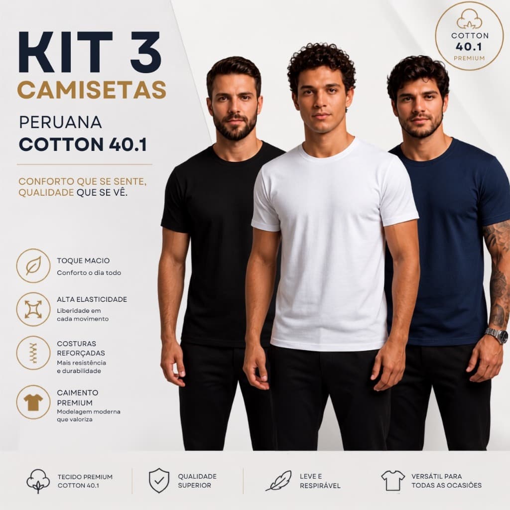 Kit 3 Camisetas Masculinas Peruana Cotton 40.1 Premium Gola Redonda Canelada Leve