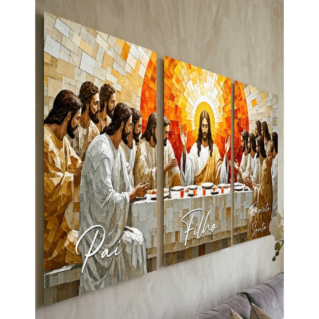 Quadro Decorativo Santa Ceia Mosaico 3 Peças Pai Filho Espírito Santo Sala Religioso Grande