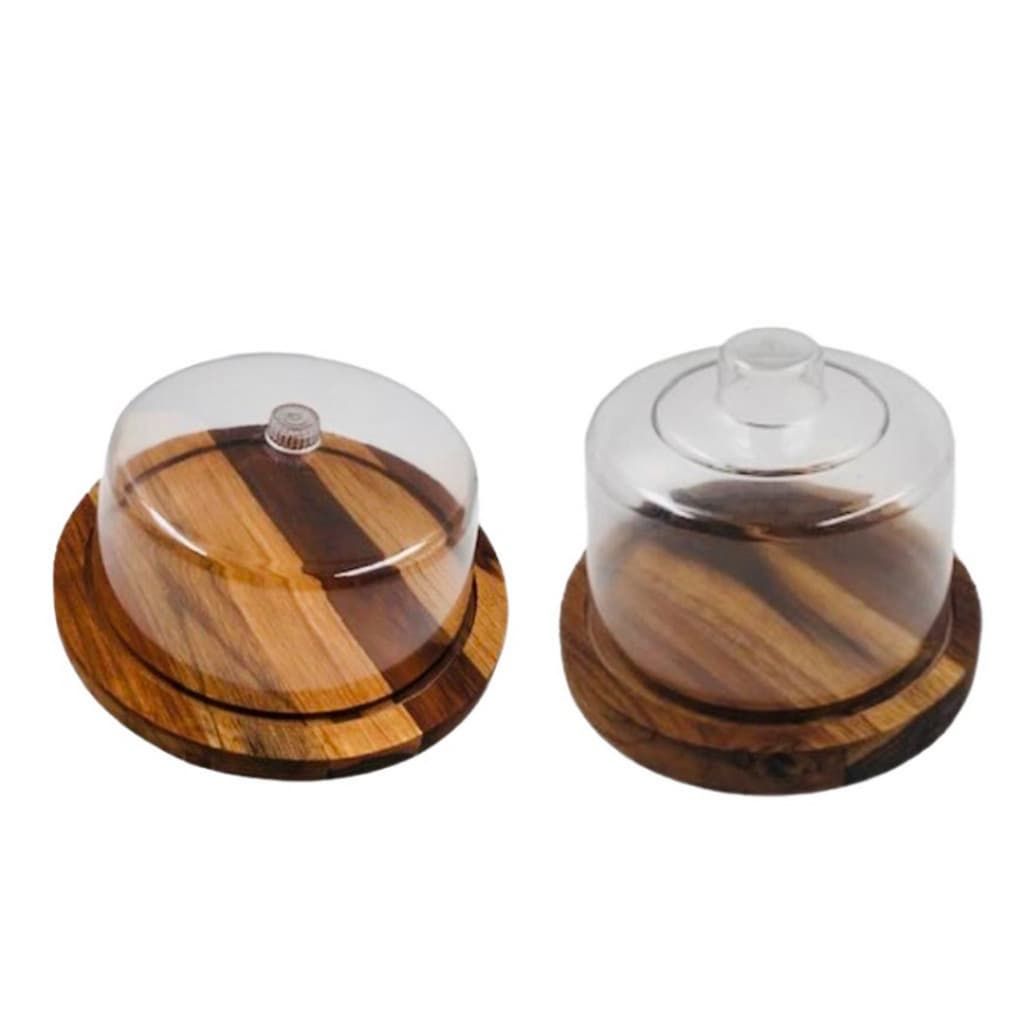 OFERTA 9.9 KIT 2Pçs Boleira e Queijeira em Madeira Especial Teca Tpa Acrílico Cozinha, Mesa Posta