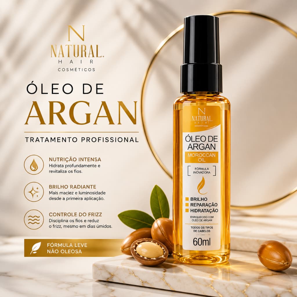 Óleo de Argan Profissional 60ml Reparação Imediata, Brilho Intenso e Nutrição dos Fios