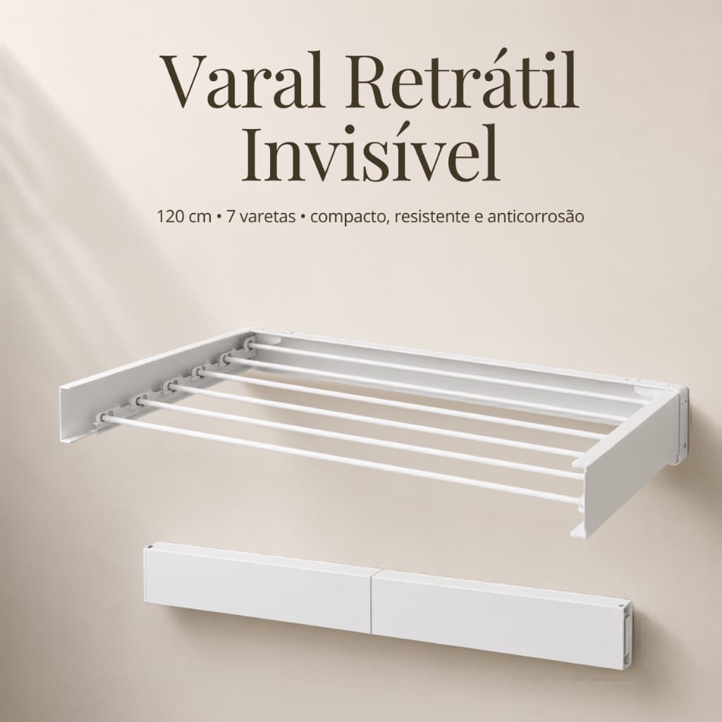 Varal Retrátil Invisível 120 cm 7 Varetas – Compacto, Resistente e Anticorrosão-100% Aço Galvanizado
