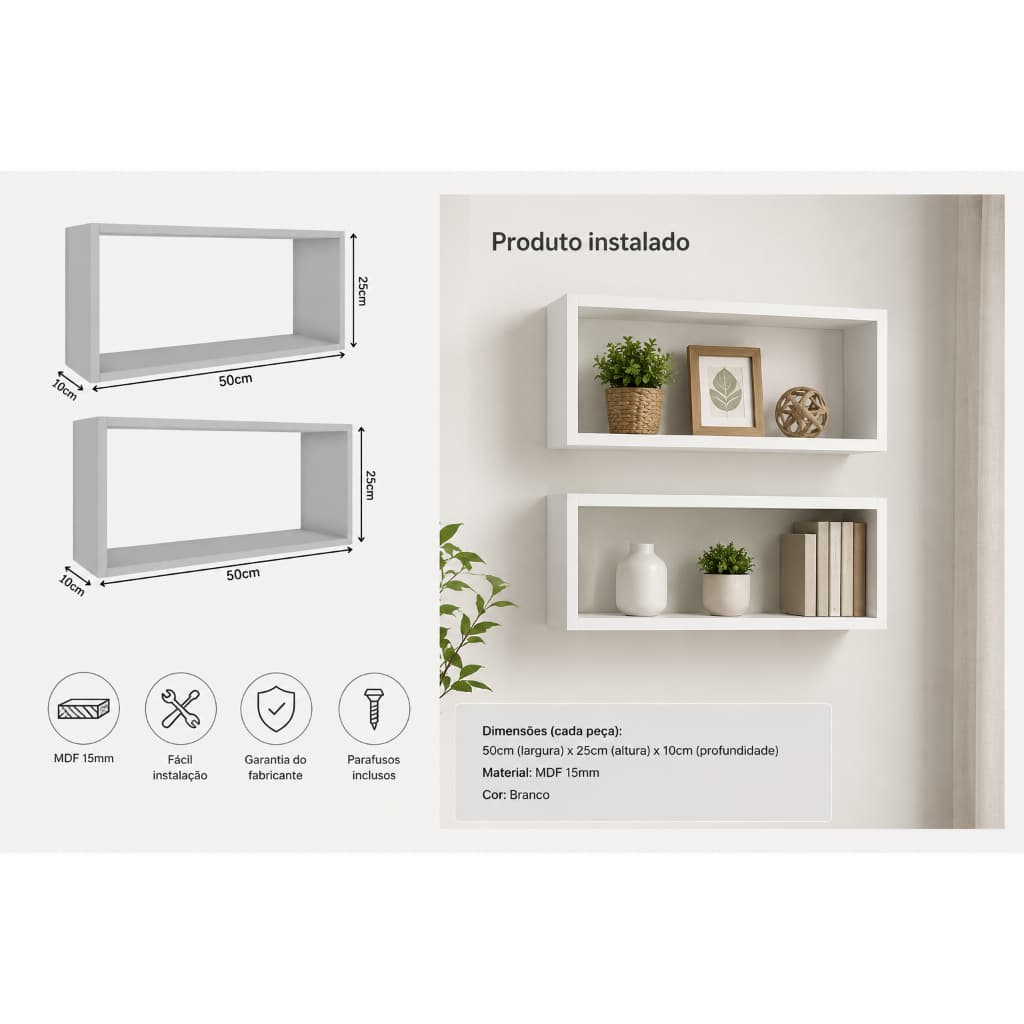 Kit 2 Nichos Decorativos MDF 50x25x10 Prateleira de Parede Branco para Sala Quarto Escritório Banheiro