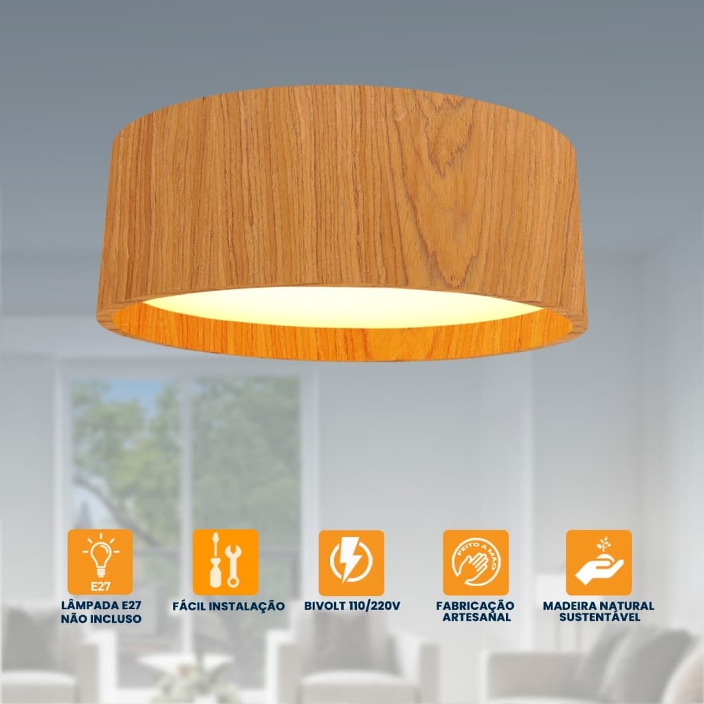 Plafon Wood Madeira Redondo 35cm - 3 luzes E27 | Sala Jantar Decoração Quarto