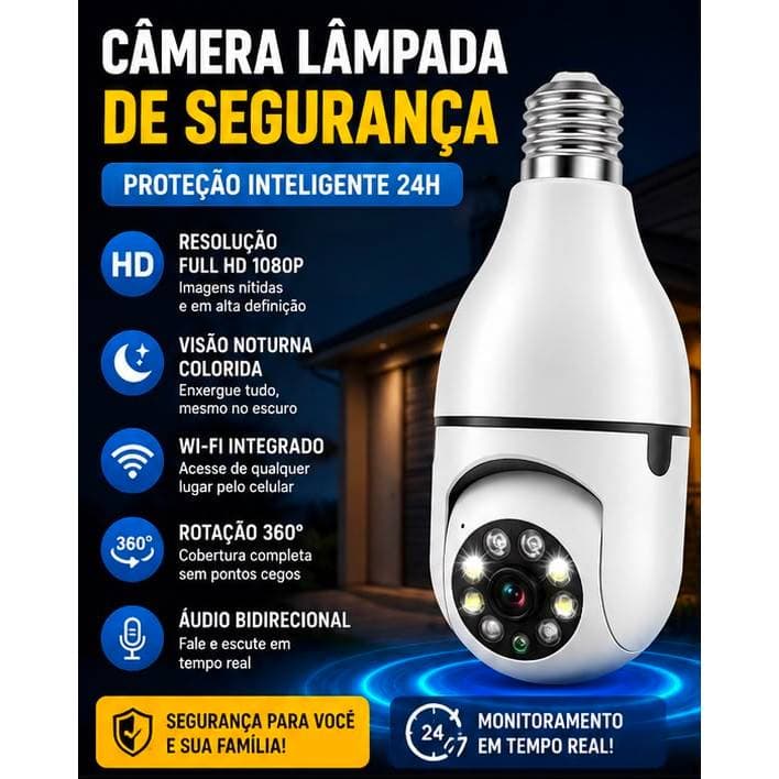 Câmera Lâmpada Segurança WiFi 360° Full HD Visão Noturna Bivolt Monitoramento