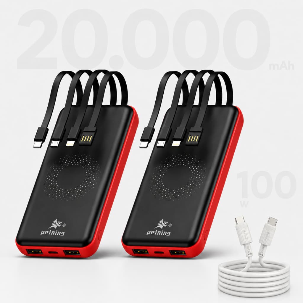 Kit Power Bank Indução 2 Unidades 20000 mAh Vermelho + Cabo 60W Branco Original Peining