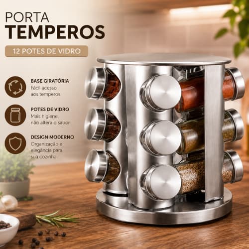 Porta Tempero 12 Potes Em Vidro Com Suporte Giratorio