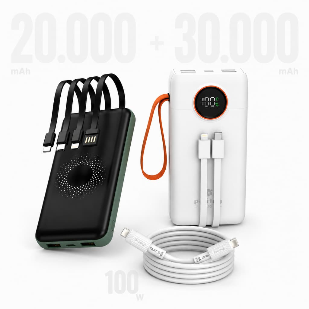 Kit Power Bank 20000mAh Com Indução Verde + 30000mAh Branco + Cabo 60W Branco Original Peining