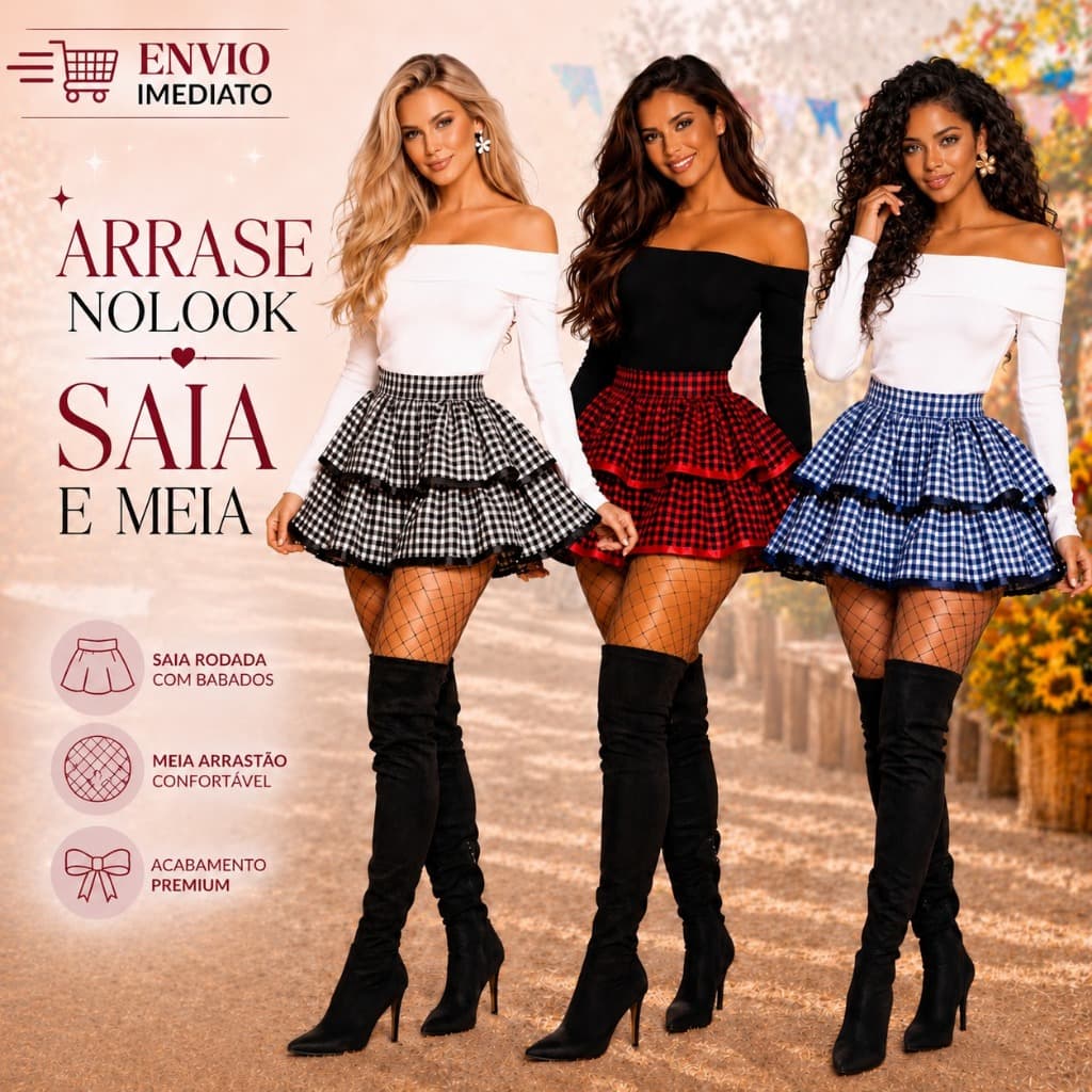 Saia de Festa Junina Caipira Com Babados + Meia Arrastão Ou Sem Meia