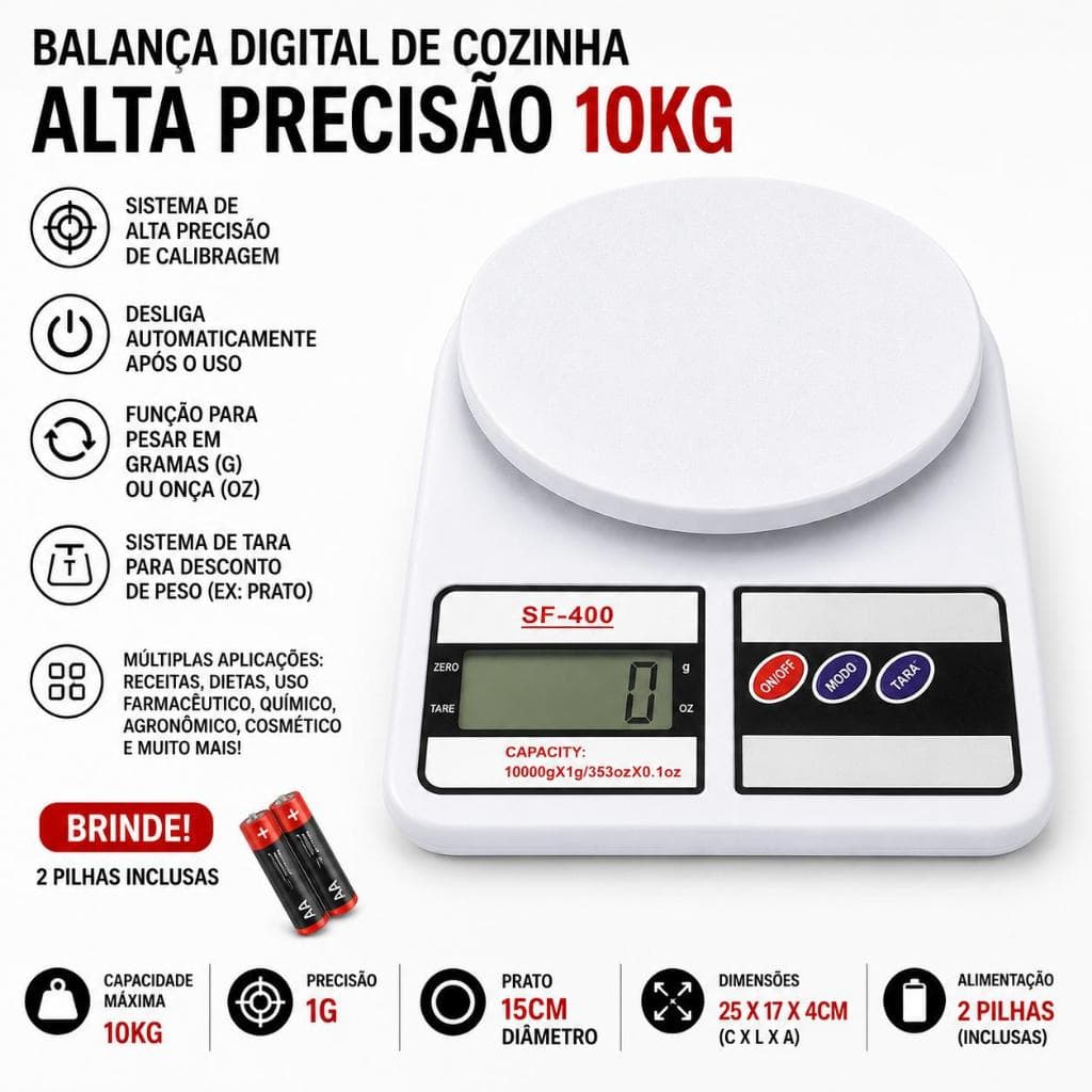 Balança Digital de Cozinha Alta Precisão 10kg LCD Função Tara Conversão g oz Pilhas Inclusas Compacta