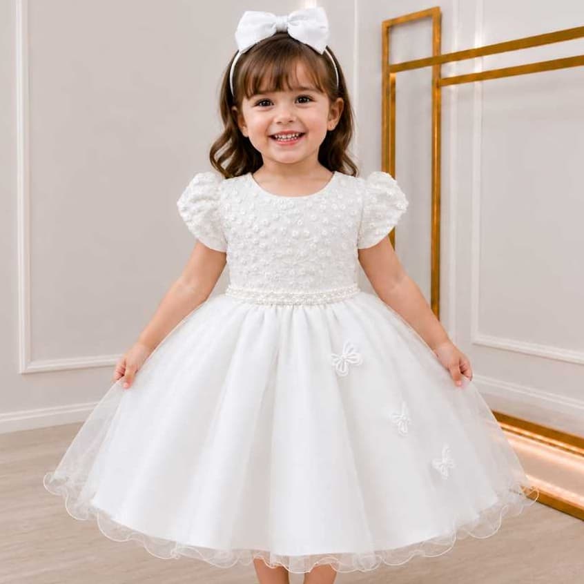 Vestido Infantil Branco Luxo Princesa Batizado Festa Casamento Daminha de Honra Com Pérolas e Brilho
