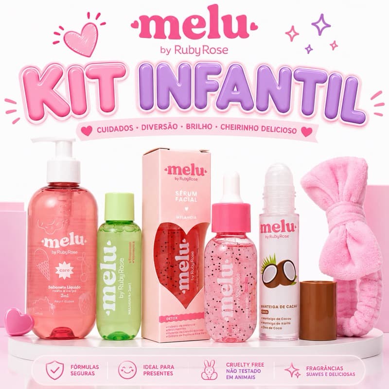 Kit Skincare Infantil Melu by Ruby Rose Presente Menina Cuidados Faciais Completo 5 Itens