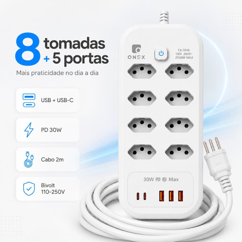 Filtro Linha Bivolt 8 Tomadas Múltiplas E 3 Usb 2 Pd 2500w