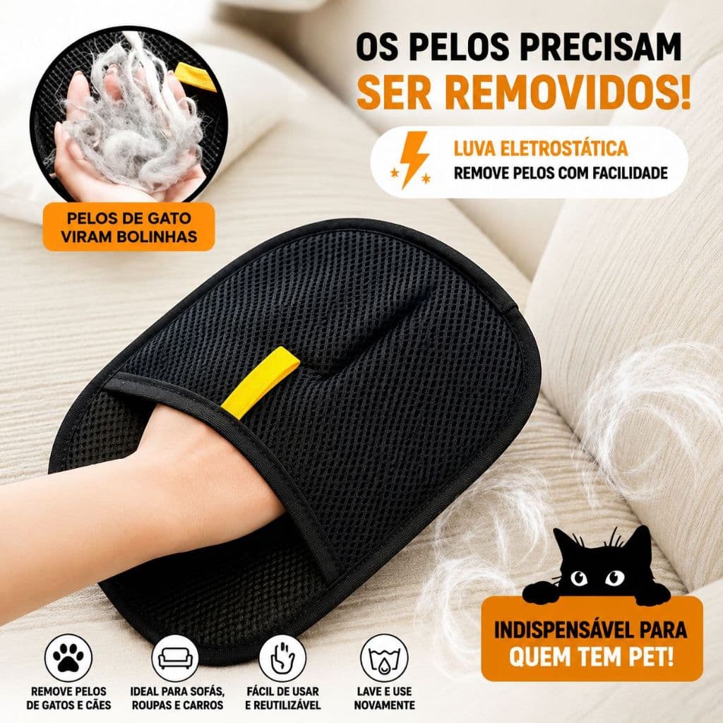 Luva Removedora de Pelos Escova Tira Pêlos Pet com Eletricidade Dupla Face Limpeza para Cães Gatos
