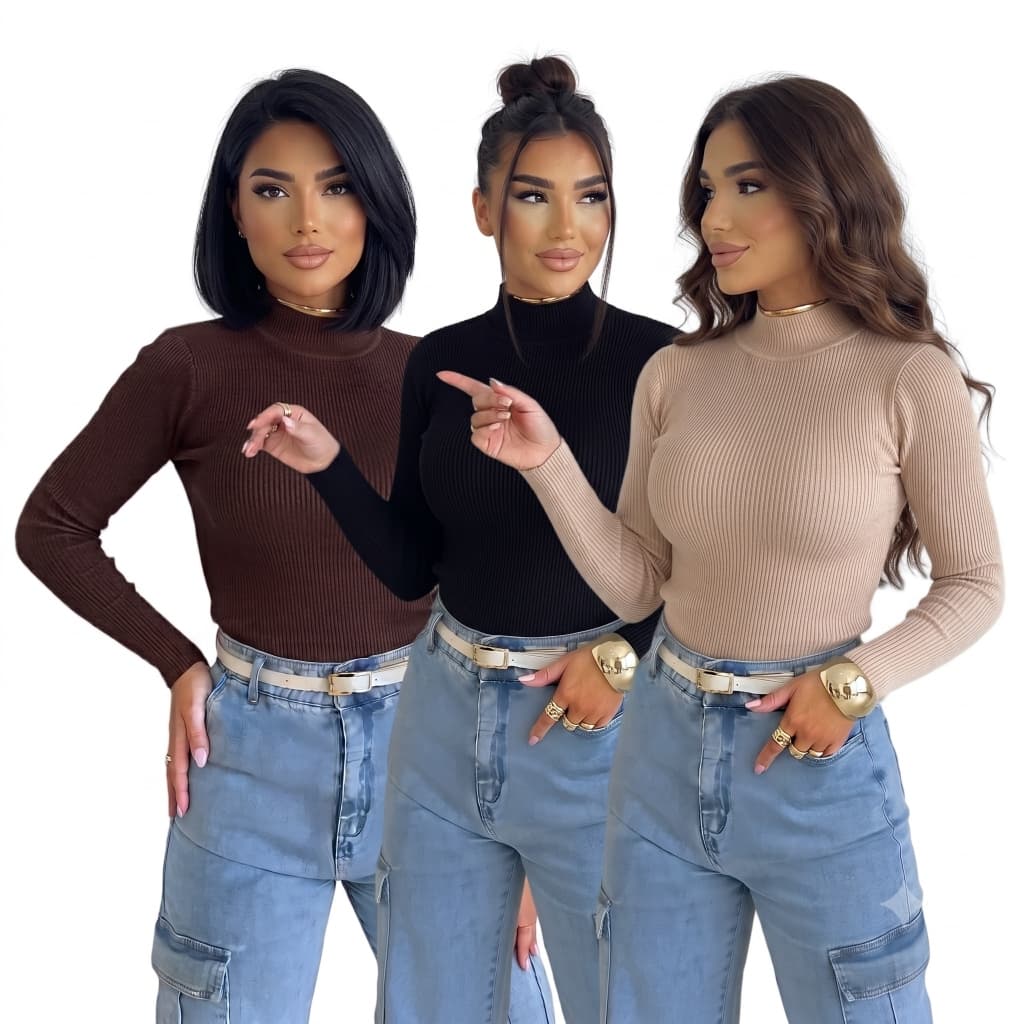 Kit com 3 blusas Cacharrel femininas, gola alta, caneladas, manga comprida, para o inverno, efeito segunda pele, promoçã