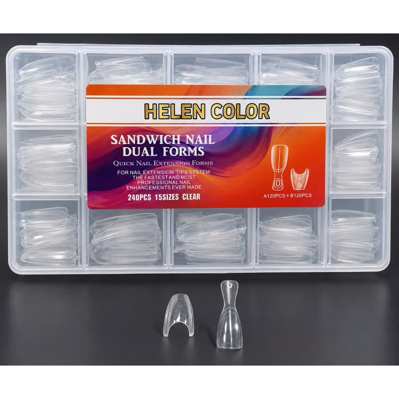 Molde Dual Form Sandwich Lancamento Helen Color 240 Peças Transparente 15 Tamanhos para Alongamento de Unhas em Gel
