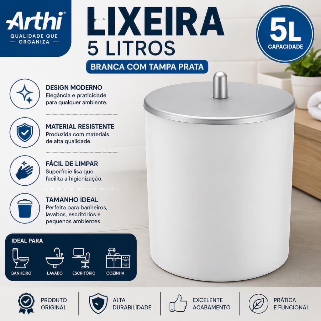 Lixeira Arthi 5 Litros Branca Com Tampa Prata Redonda Banheiro Lavabo Cozinha Organizador