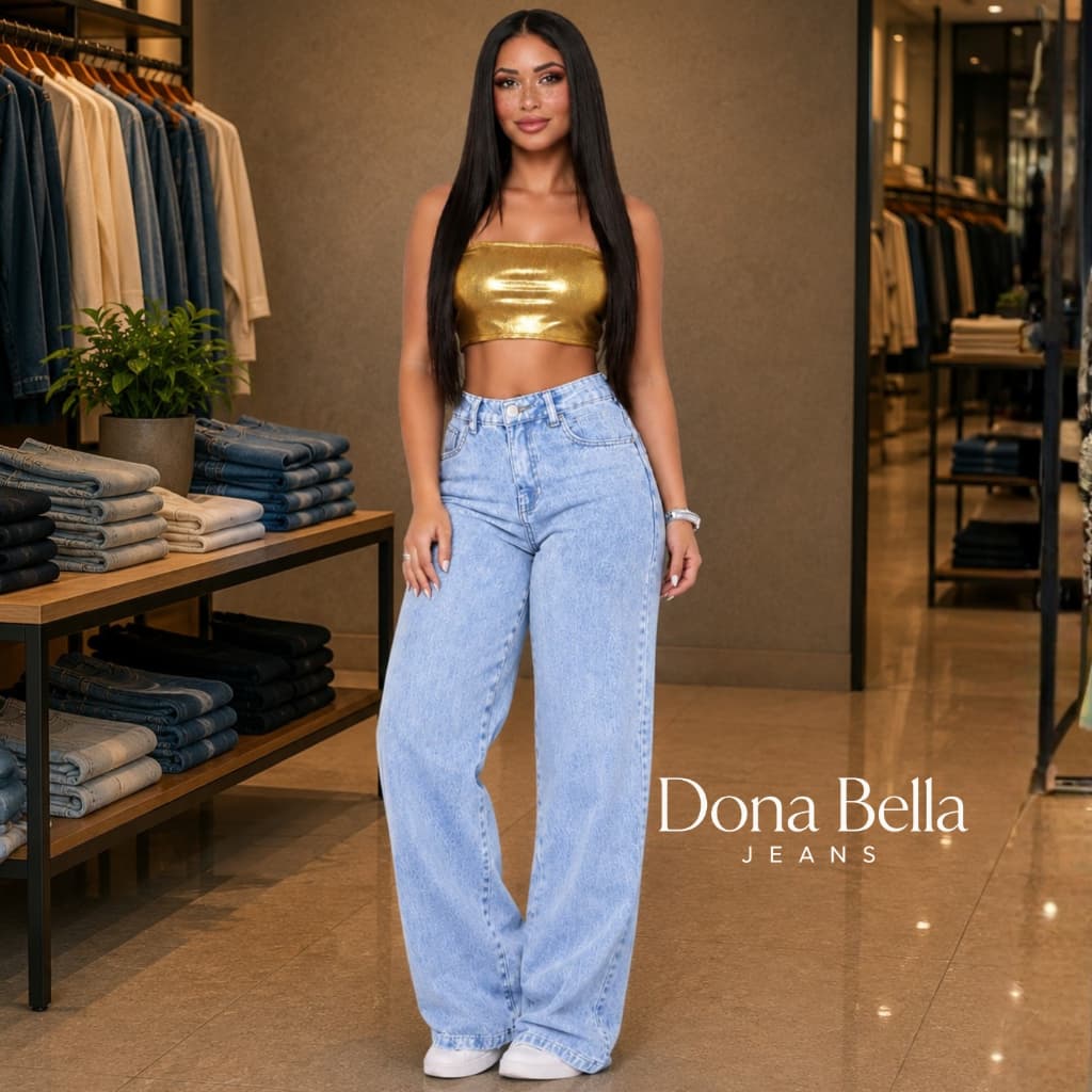 Calça Jeans Feminina Wide Leg Marmorizada Cintura Alta Sem Lycra