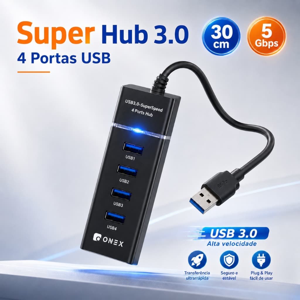 Hub USB 3.0 com Velocidade de Transferência de até 5Gbps para Notebook e PC