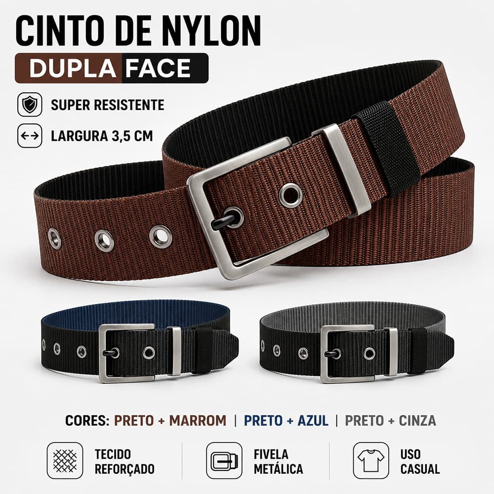 Cinto Nylon Dupla Face Masculino Simples Moda Preto com azul cinza marrom Largo 3.5cm
