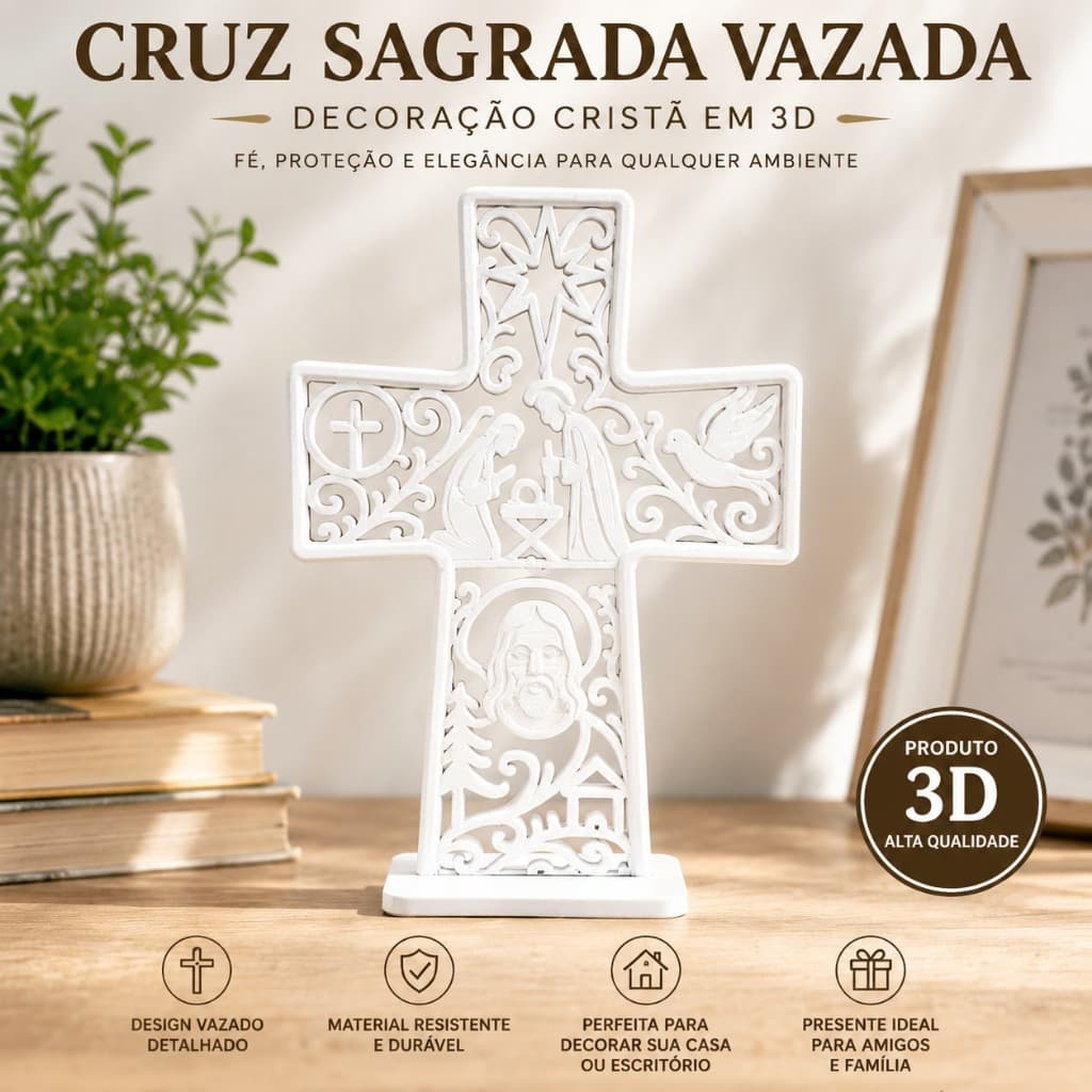 Cruz Sagrada Vazada 3D Branca | Decoração Cristã Elegante para Casa