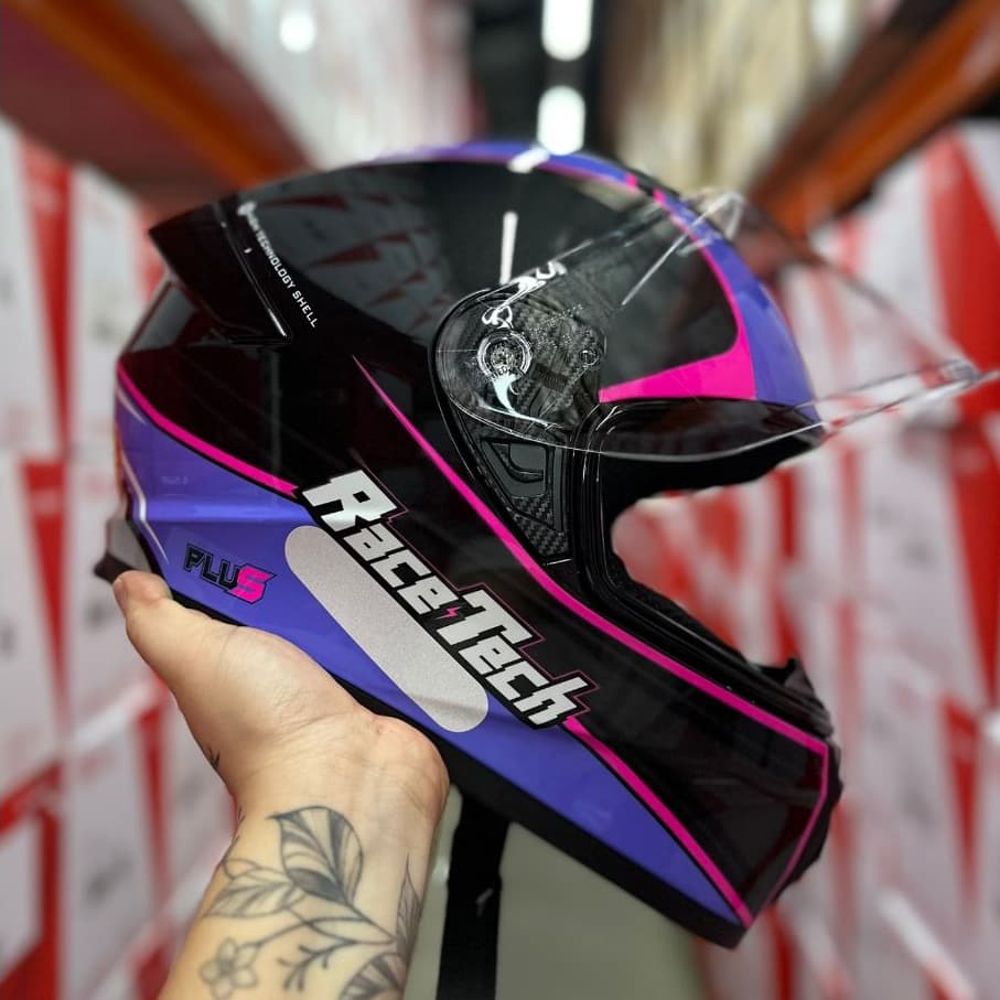 CAPACETE RACE TECH SUPER OFERTA EXCLUSIVO HIT PLUS PRETO/ROXO + VISEIRA CRISTAL TOP