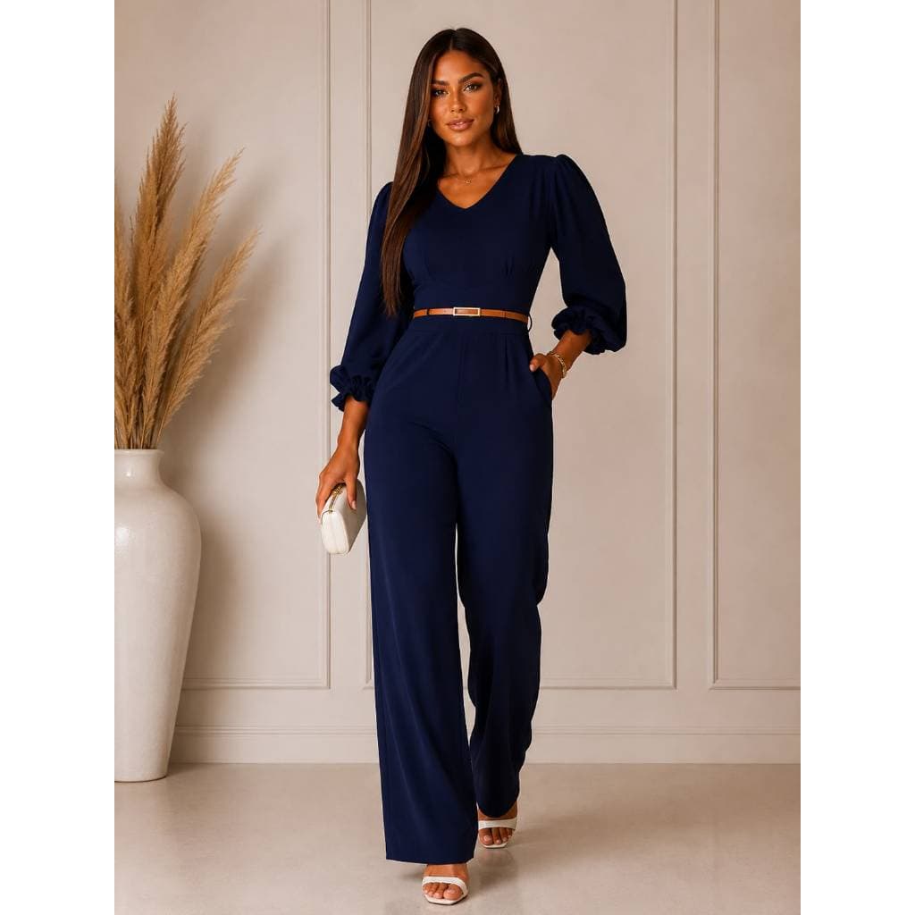 Macacão Azul Marinho Feminino Longo Pantalona Manga Bufante Casual Tamanho Único