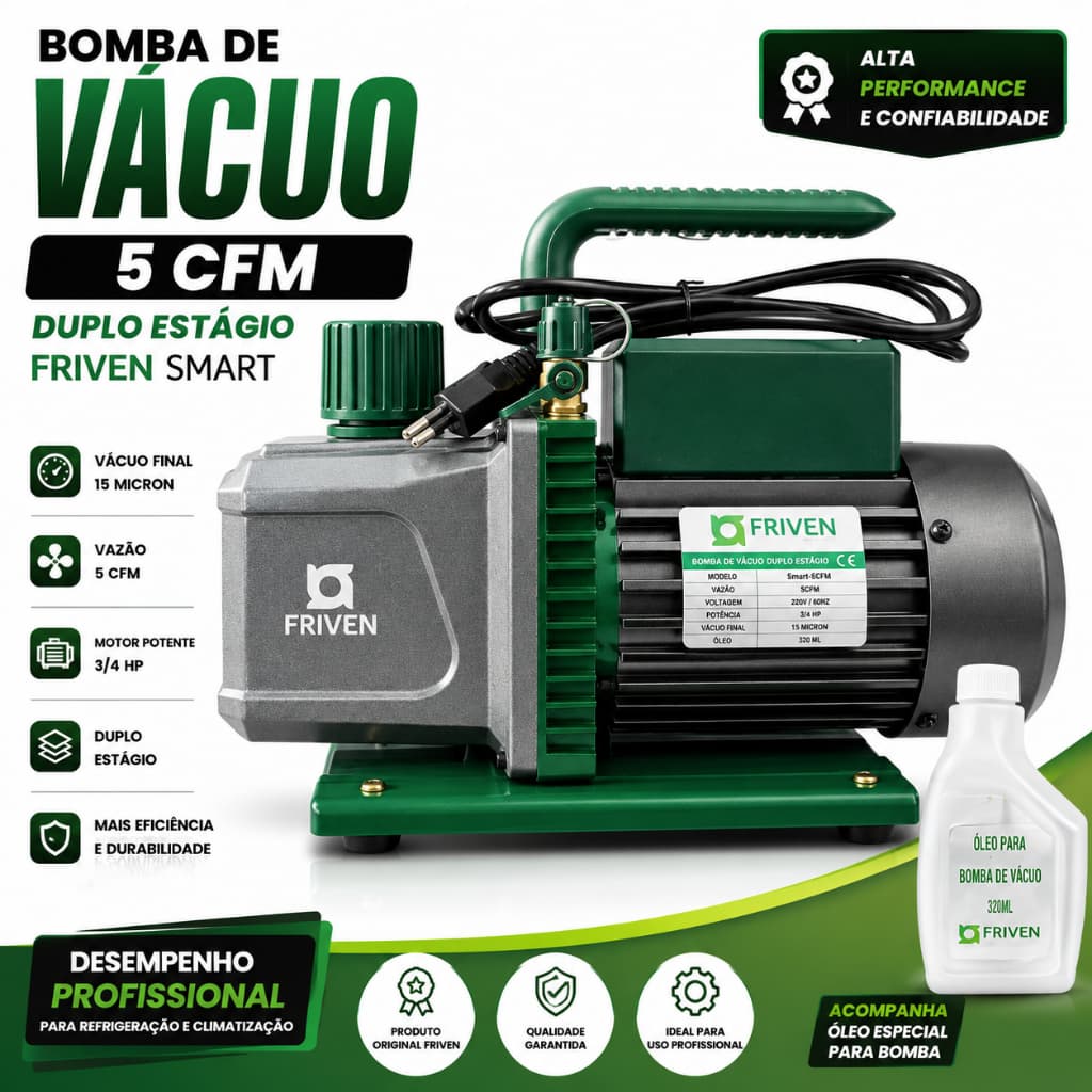 Bomba de Vacuo Friven Smart 5CFM Duplo Estagio Bivolt - Refrigeração Ar Condicionado Profissional