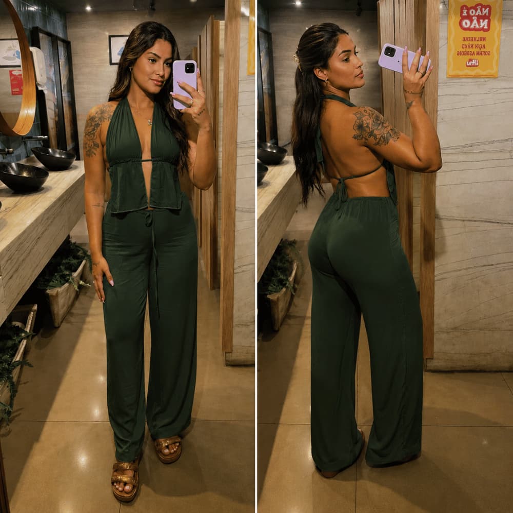 Conjunto Feminino Cropped com Calça Cintura Alta Tecido Dunas Look Moderno e Elegante