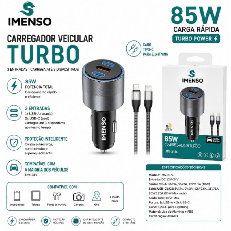 Carregador Veicular Turbo Triplo USB - IMENSO - IMS-215L 85W