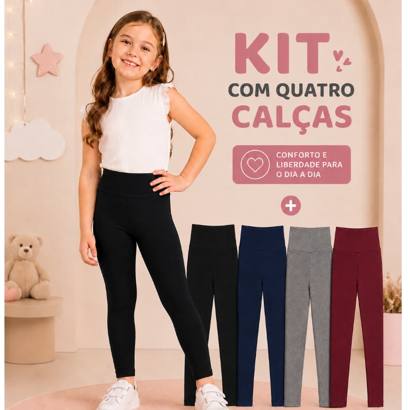 Kit Com 4 Calça Legging Suplex Moda Infantil Lisa Confortável Escolar