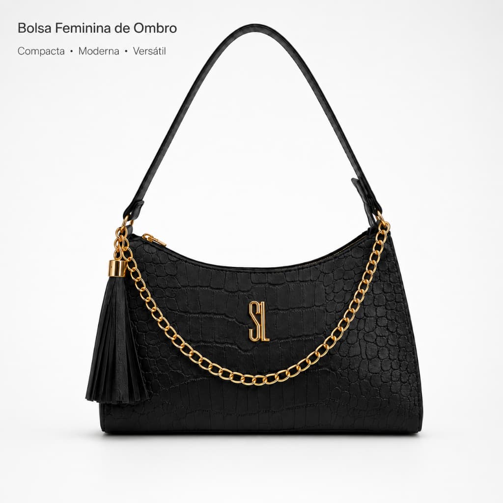 Bolsa Feminina Pequena de Ombro Textura Croco com Corrente Dourada e Zíper