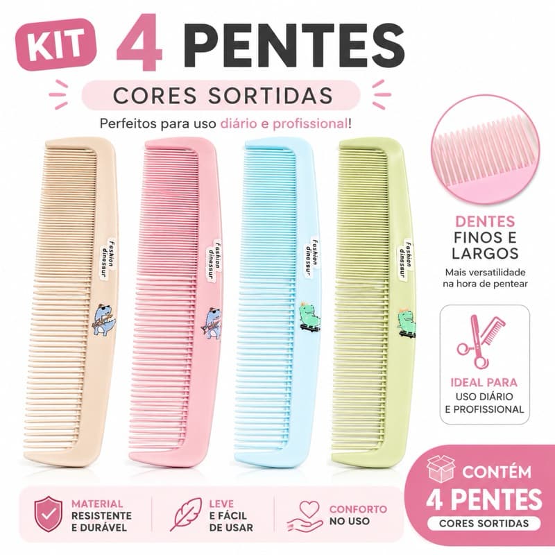 Kit 4 Pentes Cabelo Profissional Desembaraçar Dentes Finos Grossos Cores Sortidas 21cm