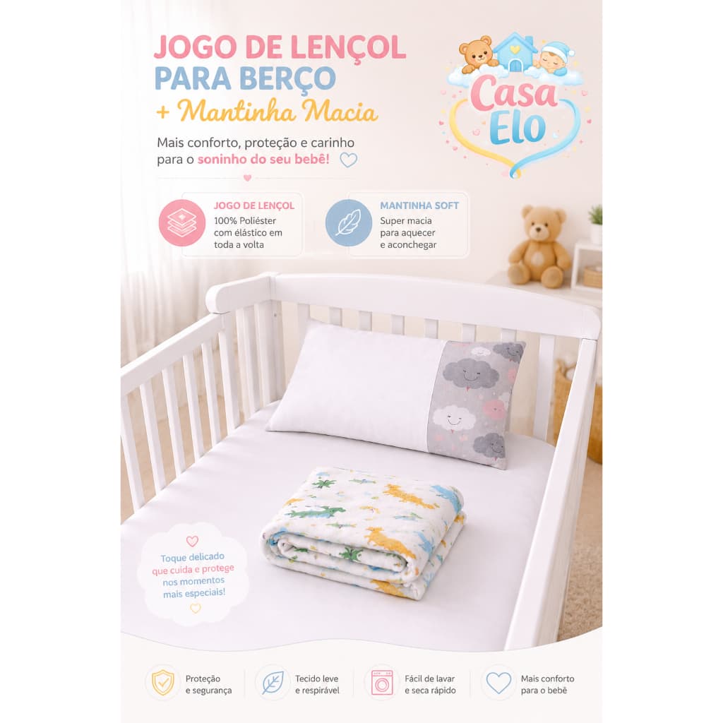 Enxoval Berço Americano Jogo de Lençol + Mantinha Microfibra Confortável